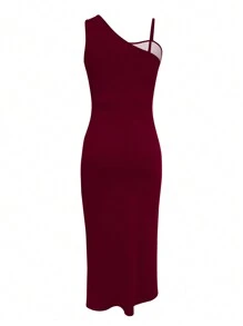 SHEIN SXY Váy mùa hè xếp ly cổ bất đối xứng màu trơn cho nữ với đường xẻ cao đến đùi, gợi cảm - Màu Đỏ Sâu - Xem 2