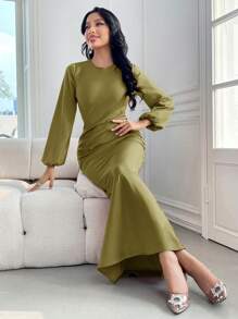 Modelyn Ladies' Solid Color Lantern Sleeve Casual Long Sleeve Dress - Olive Green - View 5