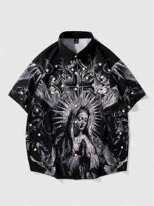ROMWE MEN Goth Camisa casual de manga corta con estampado de cruz para hombres en verano, para Halloween, escuela