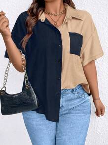 Calvaya Plus Size Women's Loose Casual Shirt With Drop Shoulder And Color Block Design, Summer - Dusty Blue - View 4