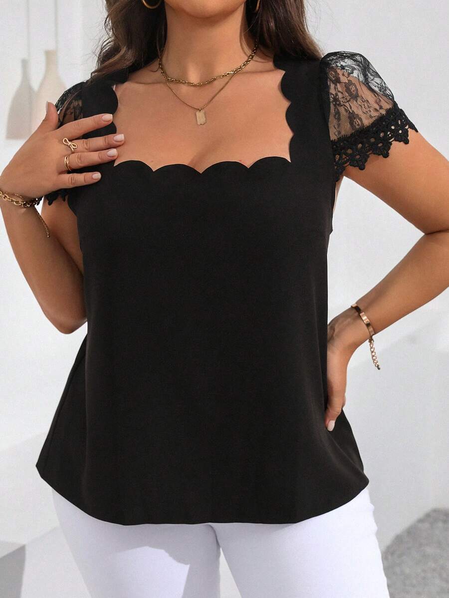 Celure Camisa de encaje de contraste de cuello cuadrado con ventilador de unicolor de tamaño grande para mujer en verano - Negro - Ver 1