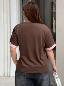 Dazy Petite Plus Plus Size Women's Color-Block V-Neck Short Sleeve Casual T-Shirt, Summer - Coffee Brown - View 2