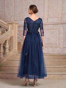 Mother Of The Bride V-Neck Elegant Tulle Dress - Blue - View 2