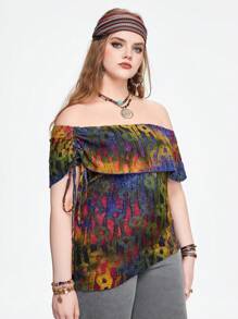 ROMWE Hippie Vintage Tie Dye Tie-Dye Hem bất đối xứng cộng với kích thước áo thun lệch vai có cắt tua rua - Nhiều màu - Xem 5