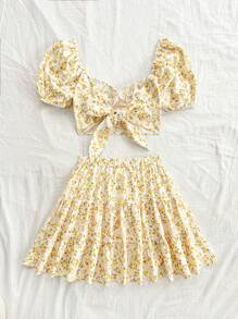 Soleia 女士度假复古黄色和白色碎花泡泡袖甜心领上衣和迷你裙两件套休闲套装，夏季 - 彩色 - 查看 2