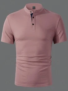 Manfinity Homme Áo thun polo cổ đứng màu trơn mùa hè cho nam tay ngắn thường ngày - Hồng - Xem 3