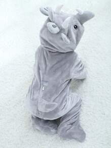 SHEIN 可爱拼色灰色和白色连帽连脚连体衣，带有 3D 龙图案，适合男婴，温暖柔软的秋冬季连体衣