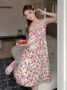 DAZY Floral Allover Print Spaghetti Straps Sleep Dress Pajama - Apricot - View 4