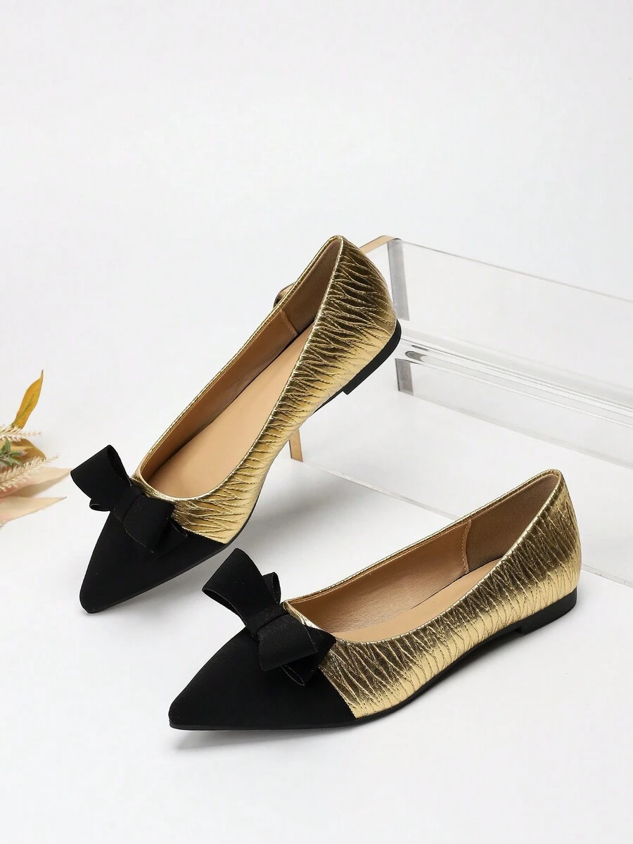 Giày Đế Bằng Mũi Nhọn Thanh Lịch Cho Nữ, Chất Liệu Họa Tiết Màu Vàng Với PU Màu Đen Và Trang Trí Thắt Nơ - Nhiều màu - Xem 1