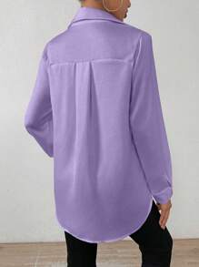 Chiquease Simple Solid Button Front Long SleeveShirt - Purple - View 2