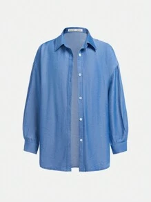 SHEIN Tween Girl Sporty Casual Solid Color Woven Long Sleeve Blouse And Romper 2pcs/Set , Students Outfit - Blue - View 6