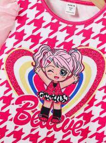 SHEIN Young Girl Knitted Plaid Cute Girl Pattern Contrast Mesh Integrated Dress - Hot Pink - View 5