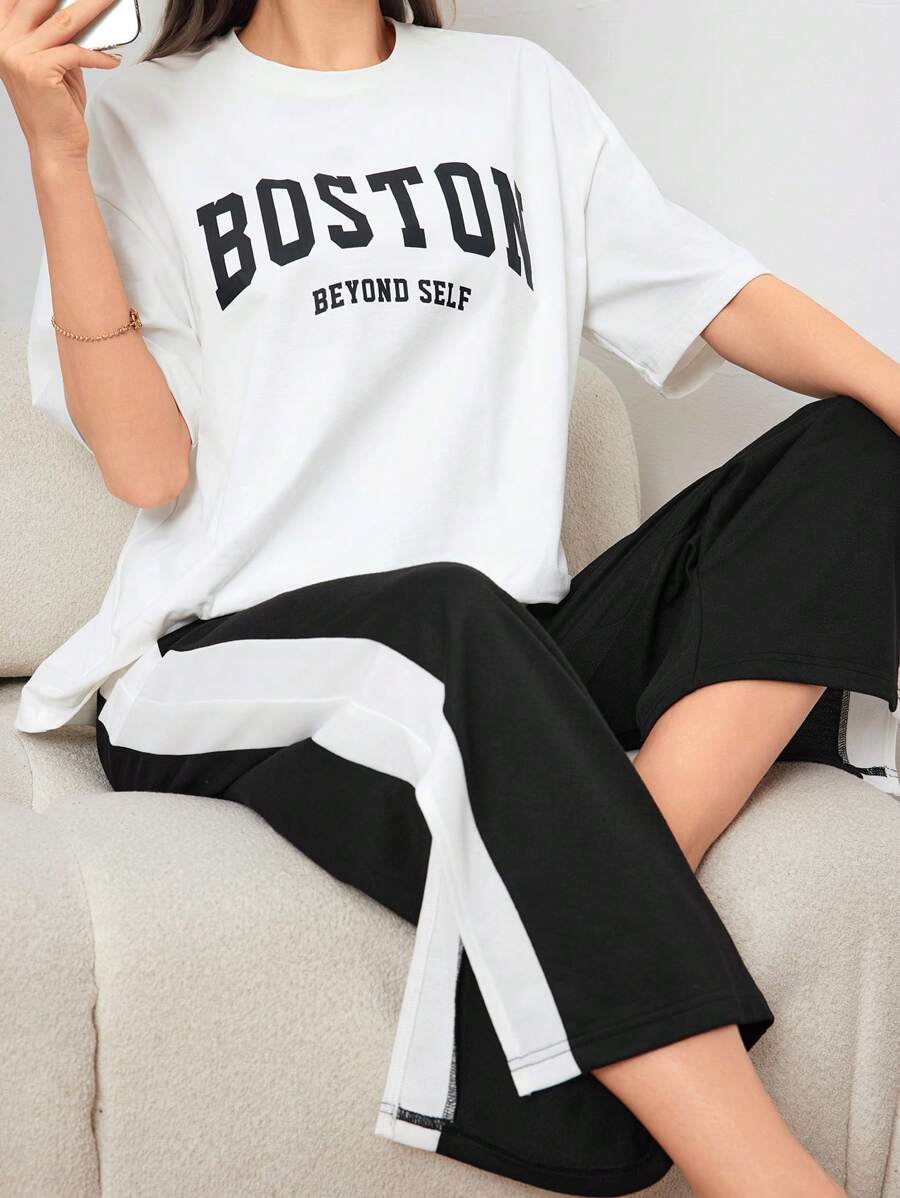 Seusyu 字母图案落肩 T 恤和撞色侧缝开衩裤两件套 - 黑與白 - 查看 1
