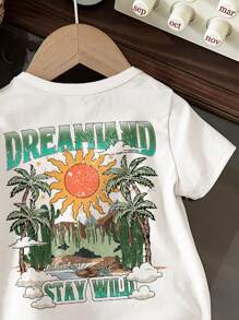 SHEIN Leap Crew ModeFlare Wear Baby Boy's Casual Minimalist Cartoon Sunrise Pattern Short Sleeve Crew Neck Top, Suitable For Summer - White - View 3