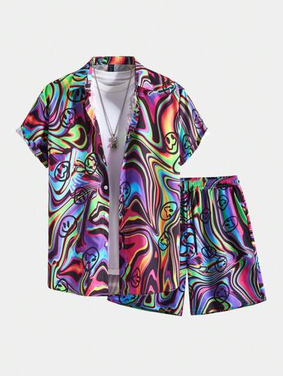 Street Life Herren 2 Stücke Set aus Kurzarm Hemd und Shorts, geeignet für Frühling und Sommer, Schule