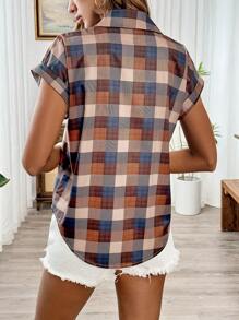 EMERY ROSE Casual Off-Shoulder Vintage Plaid Cardigan Shirt,Short Sleeve Tops - Multicolor - View 2
