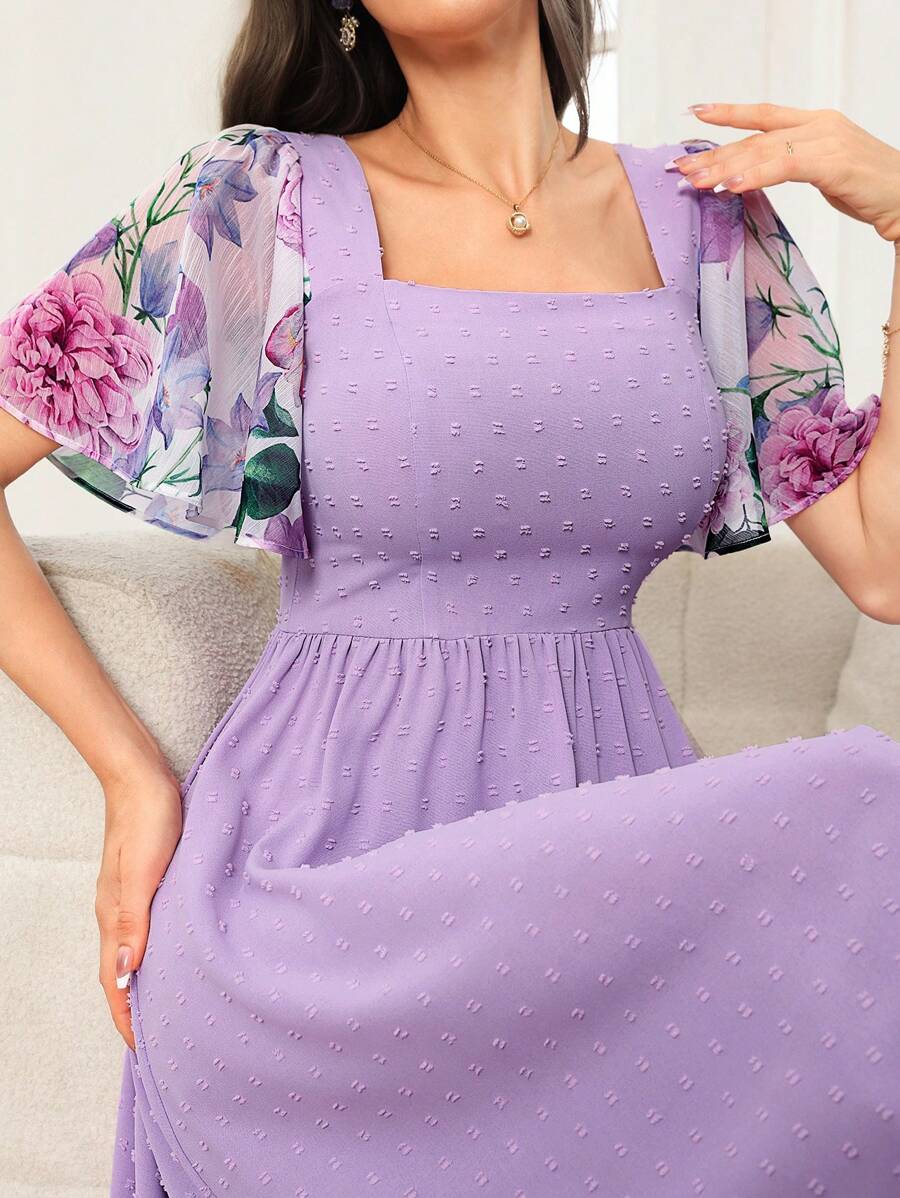 Modelyn Váy ngắn tay đơn giản in hàng ngày cho nữ - Màu tím - Xem 1