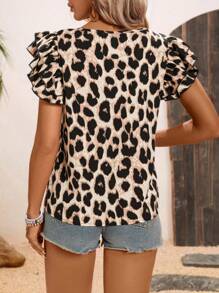 SHEIN LUNE Women's Fashion Leopard Print Casual Double-Layered Ruffle Sleeve Shirt, Suitable For All Seasons And Music Festivals,Short Sleeve Tops - Multicolor - View 2