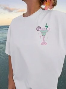 INAWLY 女式夏季圆领短袖休闲 T 恤，带口号和热带植物印花 TANNED AND TIPSY - 白色 - 查看 2