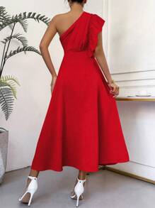 Chiquease Simple One Shoulder Ruffle Trim Dress For New Year Clothes Maxi Women Outfit - Red - View 2