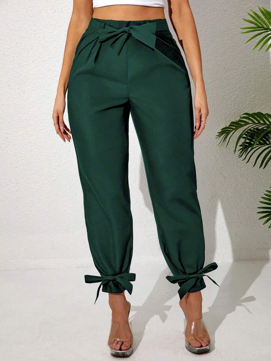 Plus Size Solid Color Pleated Tie-Up Cone Pants, Casual Spring - Dark Green - View 1
