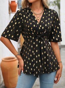SHEIN LUNE Blusa con estampado de lunares dorados y nudo en la parte frontal - Negro - Ver 4