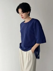 FRIFUL Women's Summer Solid Color Round Neck Drop Shoulder Wide Sleeve Loose Mesh Panel T-Shirt - Navy Blue - View 3