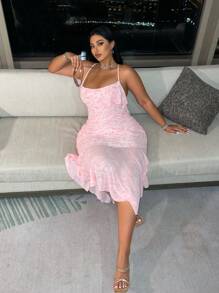 Flirla Plus Size Summer Elegant Velour Texture Mermaid Hem Cami Dress Formal Evening Gown - Pink - View 5