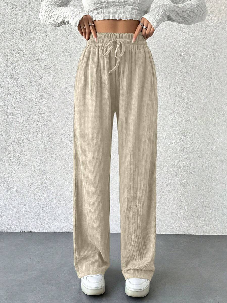 SHEIN Cottnline بنطال نسائي مقاس كبير بلون موحد كاجوال تقليدي بخصر مطاطي وحبل شد وتصميم ساق واسعة مع جيوب للبرانش والمناسبات الرسمية صيفي بيج - لون مشمشي - مشاهدة 1