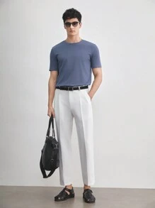 AKNOTIC Business Casual 男士綜合提花中腰直筒寬鬆休閒褲，適用於日常穿著 - 白色 - 查看 3