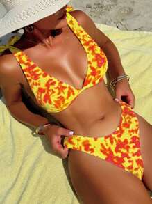 SHEIN Swim 女性夏季海灘泳裝，黃紅色渐变印花性感比基尼套裝，游泳衣 - 彩色 - 查看 3