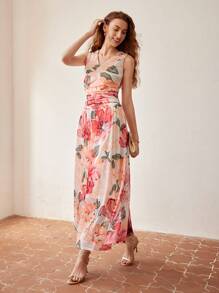 MOTF PREMIUM FLORAL PRINT V-NECK RUCHED WAIST DRESS - Multicolor - View 6