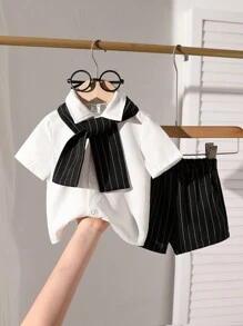 SHEIN Playful Pals 嬰兒男童條紋印花襯衫&短褲&披肩 - 黑與白 - 查看 1