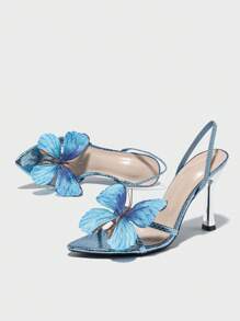 Sandalias de tacón alto para eventos y uso al aire libre de mujer, con puntera puntiaguda, estampado de serpiente metálico, decoración con mariposa y floral, y hebilla de tobillo, elegantes y sexys, color azul claro para el Día de San Valentín