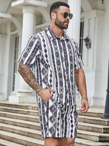 Manfinity Homme Men's Plus Size Geometric Print Short Sleeve Shirt And Shorts Set For Vacations & Leisure
