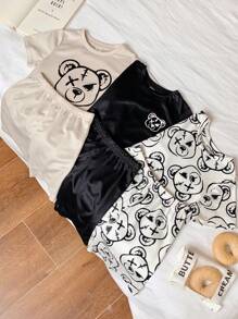 SHEIN 6pcs Cute Cartoon Bear Print Round Neck Short Sleeve T-Shirt With Elastic Waist Shorts Set For Young Boys