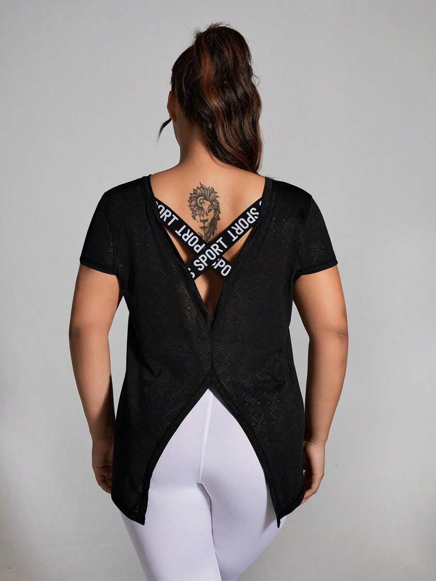 Rhythm Era Plus Size Athletic Short Sleeve Jacquard Fashionable Loose & Comfortable T-Shirt Top With Beautiful Back Gym Women Shirts - Black - View 1