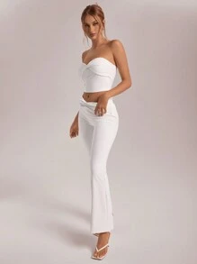 Aloruh Women's Everyday Design Twist Strapless Top And V-Neck Low-Waist Flared Pants White 2pcs Set