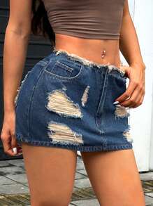 SHEIN ICON Minifalda de mezclilla sexy y ajustada para mujer, desgastada, ideal para el verano - Azul - Ver 4