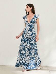 EURMUSE Striped V-Neck Button Detailed Dress - Blue - View 5