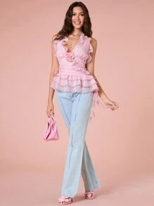 Enchnt Áo không tay mùa hè màu trơn dành cho nữ, có bèo nhún và trang trí hoa 3D. - Hồng - Xem 6