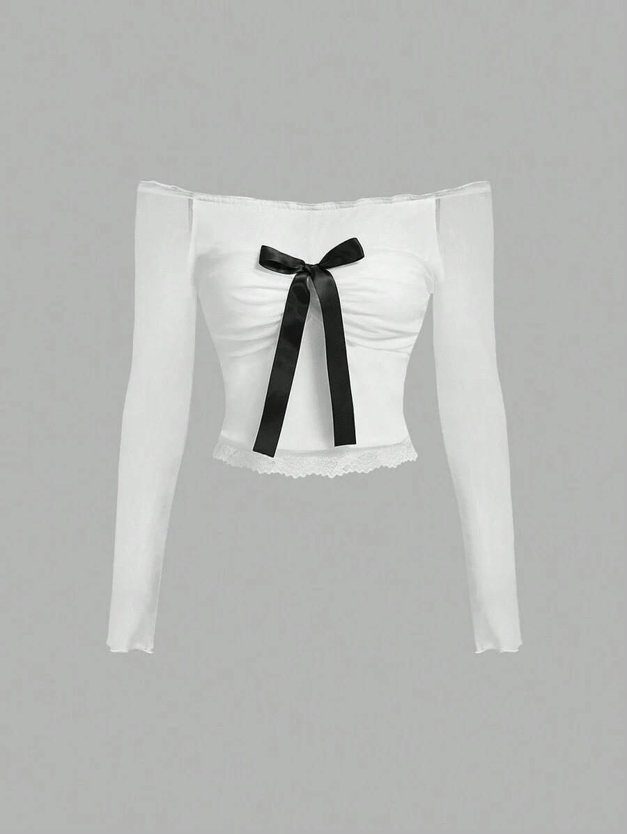 SHEIN MOD Áo trễ vai nữ lưới trang trí nơ trắng, áo nơ, áo trắng, áo dễ thương, áo đi chơi - trắng - Xem 1