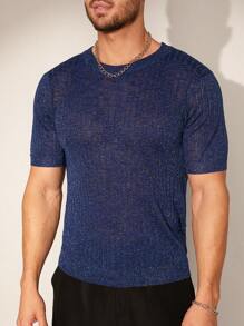 Manfinity Homme Men's Casual Sparkle Short Sleeve Knitted Top For Summer - Royal Blue - View 6