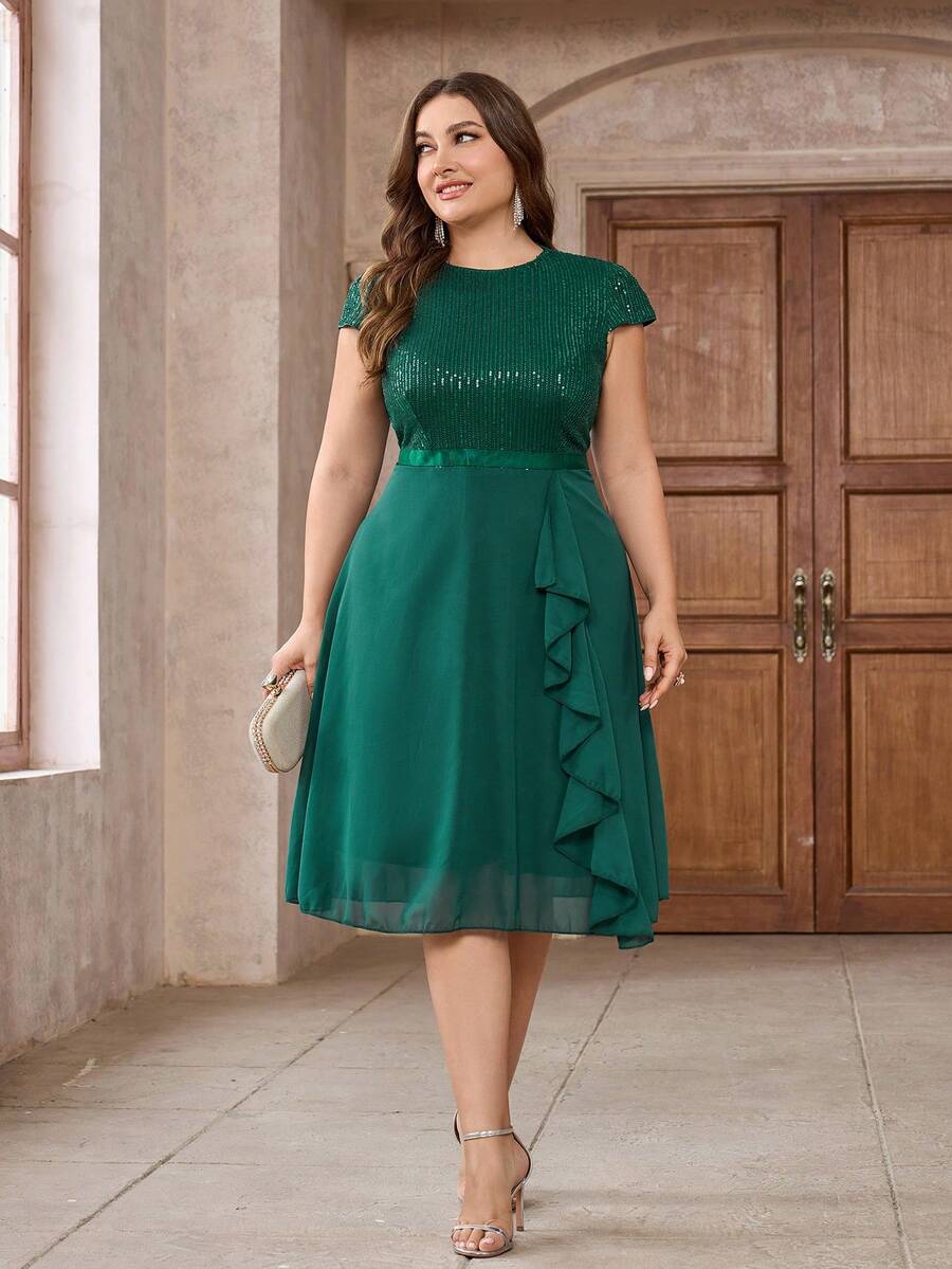 Plus Sequin Insert Ruffle Trim Dress - Green - View 1