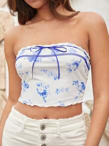 Forever 21 Summer New Lace Trimmed Digital Printed Sexy Vacation Strapless Top - Multicolor - View 2