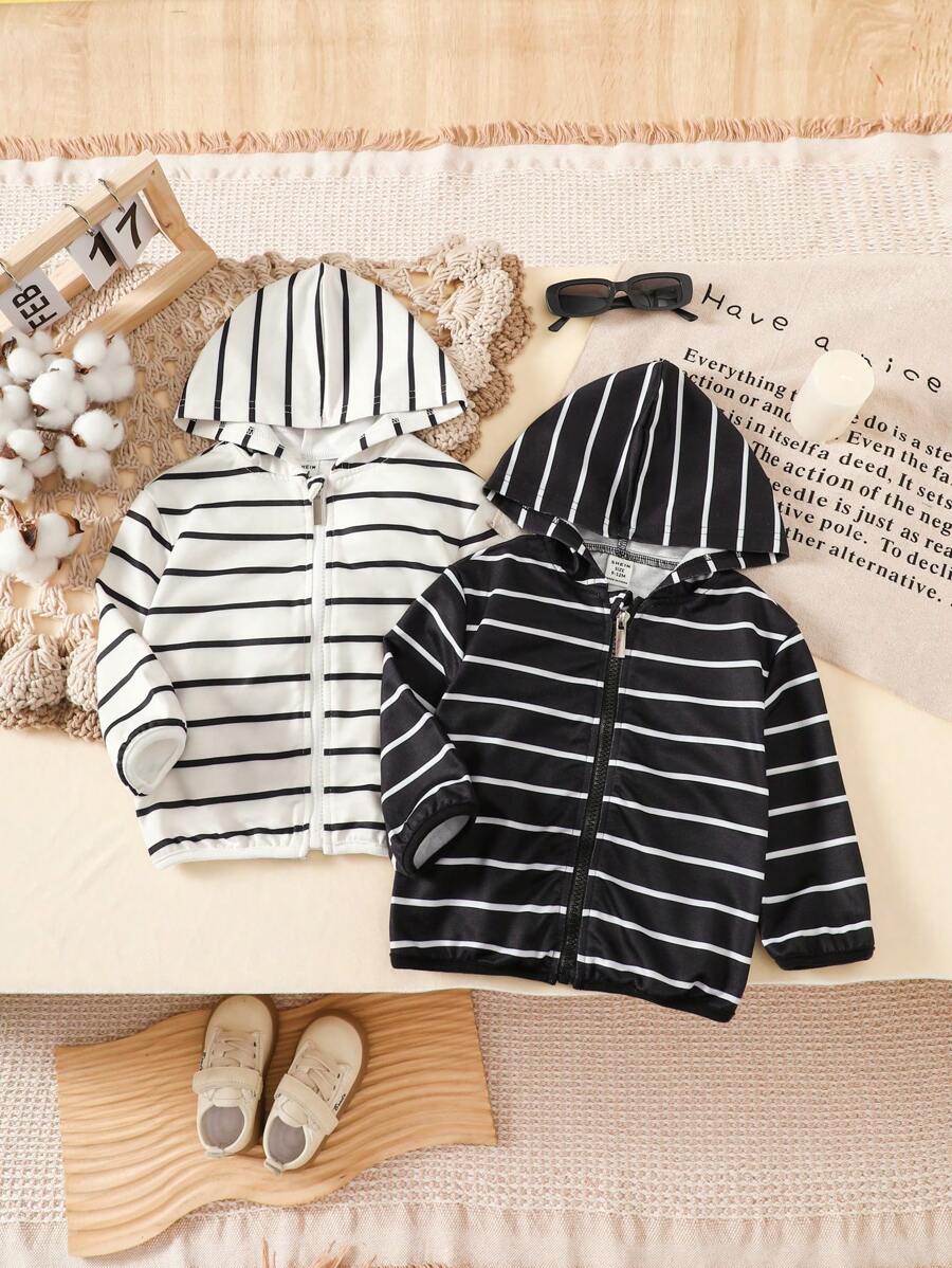 Baby Boys' Striped And Printed Hooded Long Sleeve Jacket - Multicolor - View 1