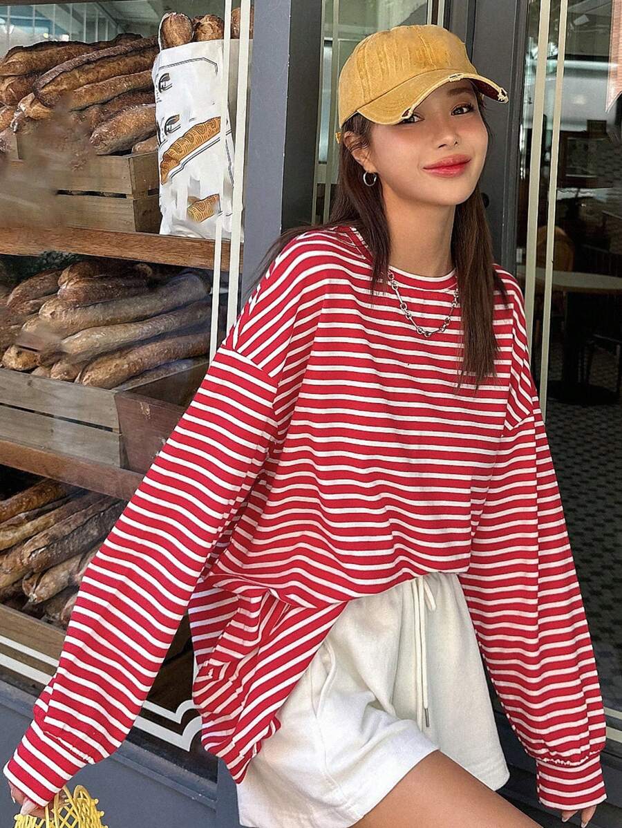 DAZY Women's Spring/Summer Striped Print Drop-Shoulder Loose Fit Casual Tee With Round Neckline, Long Sleeve,Fall Clothes