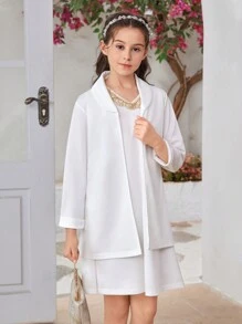 Tween Girl Summer Casual Solid Color Jacket And Sleeveless Dress Set