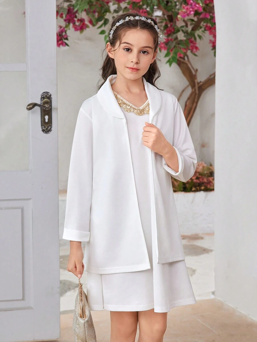 Tween Girl Summer Casual Solid Color Jacket And Sleeveless Dress Set