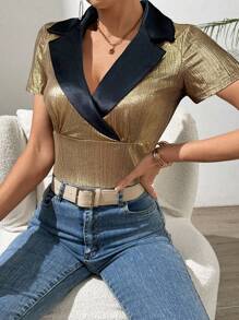 SHEIN Clasi Women's Short Sleeve T-Shirt With Gold-Stamped Flat Collar And Color-Contrasting Splicing - Gold - View 3